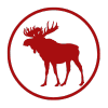 Rotes Icon eines Elches in einem runden Rahmen auf schwarzem Hintergrund.