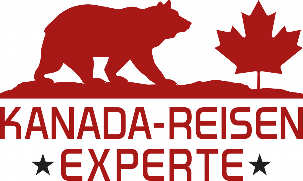 Rotes Logo mit einem Bären und einem Ahornblatt, das den Text 'Kanada-Reisen Experte' enthält.