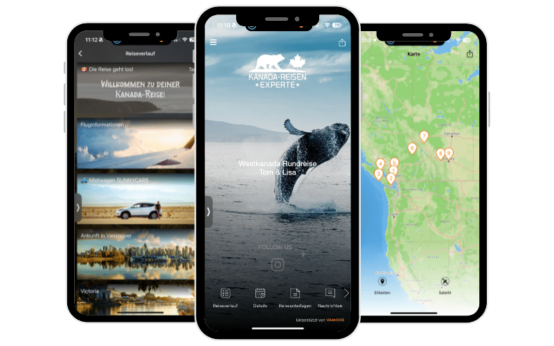Drei Smartphones mit der Benutzeroberfläche einer Reise-App für Kanada-Reisen.