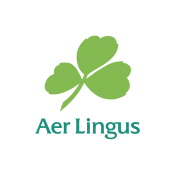 Logo von Aer Lingus mit einem grünen Kleeblatt und dem Schriftzug darunter.