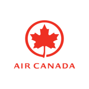 Rotes Logo von Air Canada mit einem Ahornblatt und dem Schriftzug 'Air Canada'.