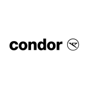 Logo von Condor mit stilisiertem Flugzeug und Schriftzug in Schwarz.