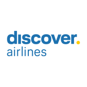 Logo von Discover Airlines in blauer Schrift mit einem Punkt am Ende.