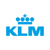 Das KLM-Logo in blauer Farbe mit einer Krone über den Buchstaben KLM.
