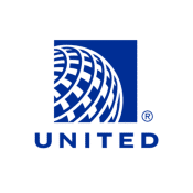 Logo von United Airlines mit stilisiertem Globus und Schriftzug 'UNITED'.