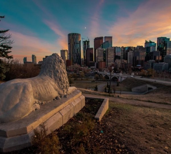 Löwenstatue im Vordergrund mit der Skyline von Calgary und einem Sonnenuntergang im Hintergrund.
