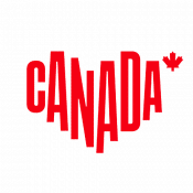 Rotes Logo mit dem Wort 'Canada' in Herzform und einem Ahornblatt.