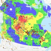 Kartenansicht von Kanada mit farblich markierten Regionen und Datenpunkten in verschiedenen Farben.