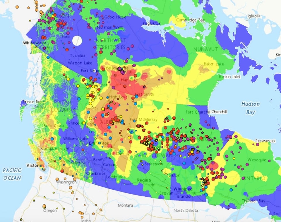 Kartenansicht von Kanada mit farblich markierten Regionen und Datenpunkten in verschiedenen Farben.