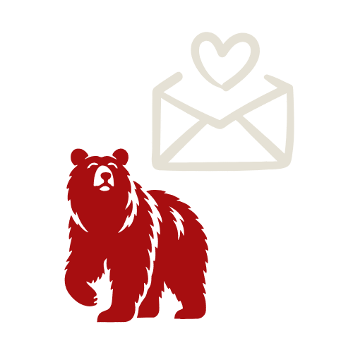 Roter Bär neben einem Briefsymbol mit einem Herz darüber.