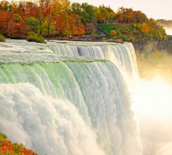 Niagarafälle mit herbstlichen Baumfarben und Wasserfallansicht.