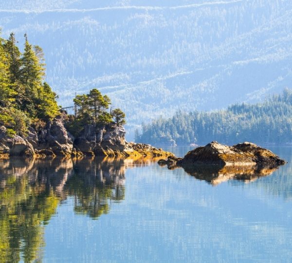Ruhige Wasseroberfläche mit reflektierenden Felsen und Bäumen in Westkanada.