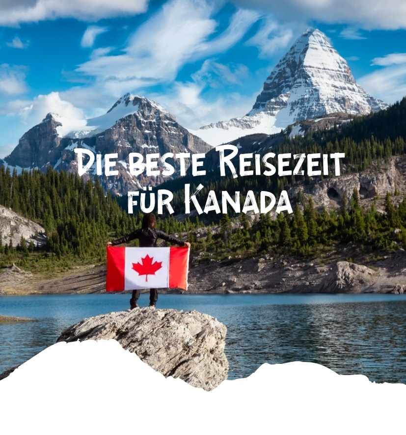Person steht mit einer kanadischen Flagge vor einer Berglandschaft mit Wasser im Vordergrund.