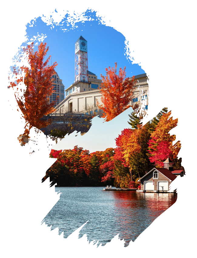 Herbstlandschaft mit bunten Bäumen und einem ruhigen Gewässer im Vordergrund.
