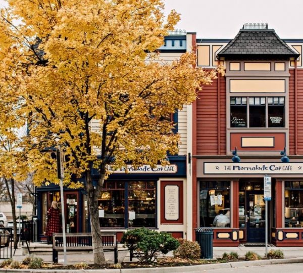 Fassade des Marmelade Cafés mit bunten Gebäuden und einem herbstlichen Baum im Vordergrund. Kanada-Rundreise