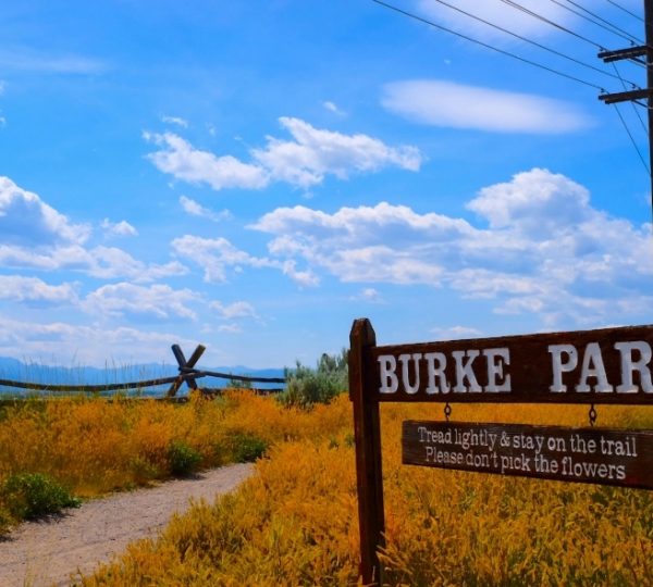Holzschild mit der Aufschrift 'Burke Park' an einem Weg mit gelben Blumen und blauen Himmel. Kanada-Rundreise