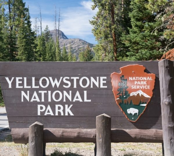 Holzschild mit der Aufschrift 'Yellowstone National Park' und dem Logo des National Park Service. Kanada-Rundreise