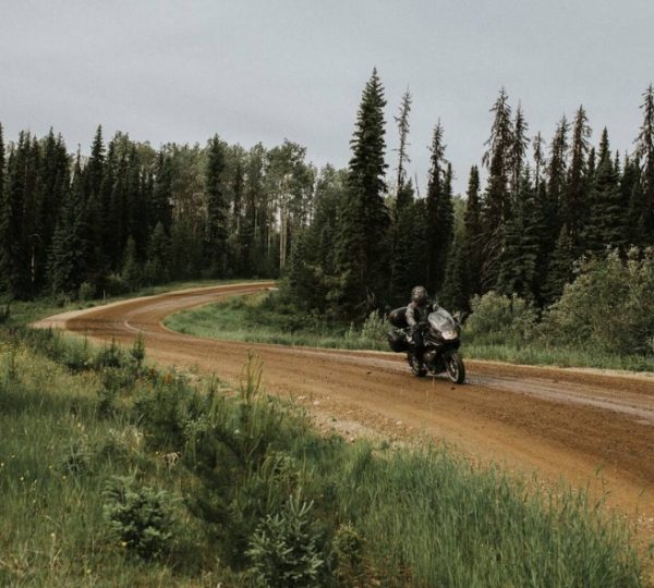 Ein Motorradfahrer fährt auf einer kurvenreichen, unbefestigten Straße durch einen Wald. Kanada-Rundreise