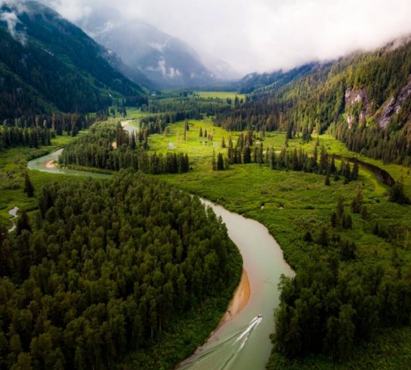 Luftaufnahme eines Flusses, der durch eine grüne Landschaft in Westkanada fließt. Kanada-Rundreise