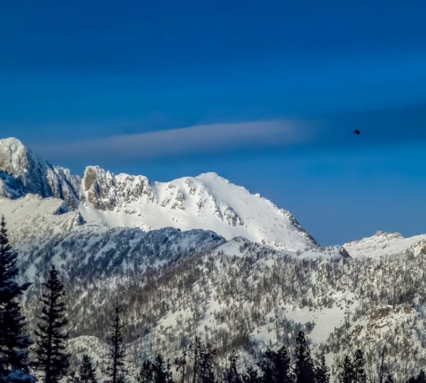 Schneebedeckte Berge mit klarem blauen Himmel in Big Sky, Montana. Kanada-Rundreise