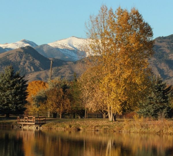 Landschaft mit Bäumen, einem Teich und schneebedeckten Bergen im Hintergrund. Kanada-Rundreise