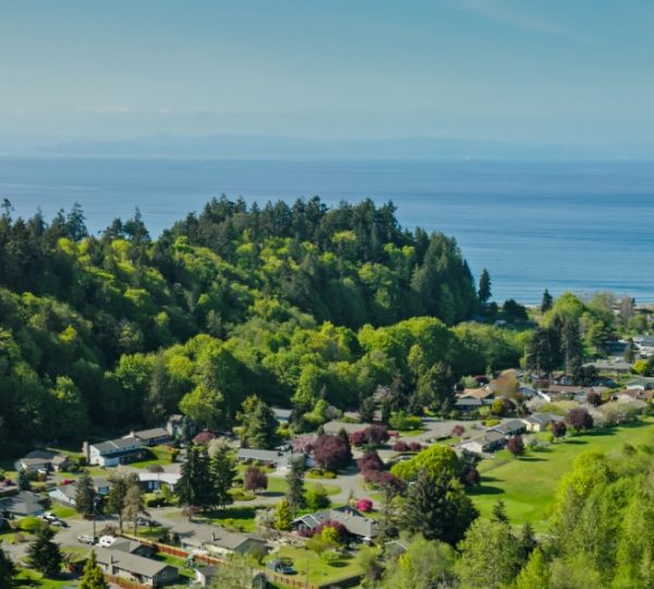 Luftaufnahme eines Wohngebiets mit Bäumen und Küstenlinie im Hintergrund. Kanada-Rundreise