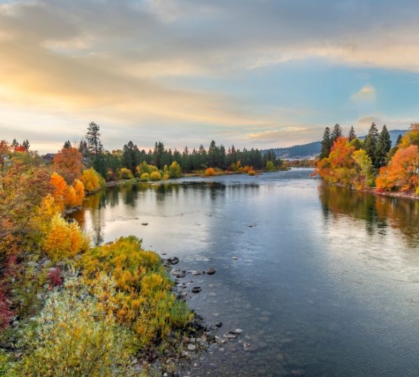 Fluss mit herbstlichen Bäumen und einem klaren Himmel im Hintergrund. Kanada-Rundreise