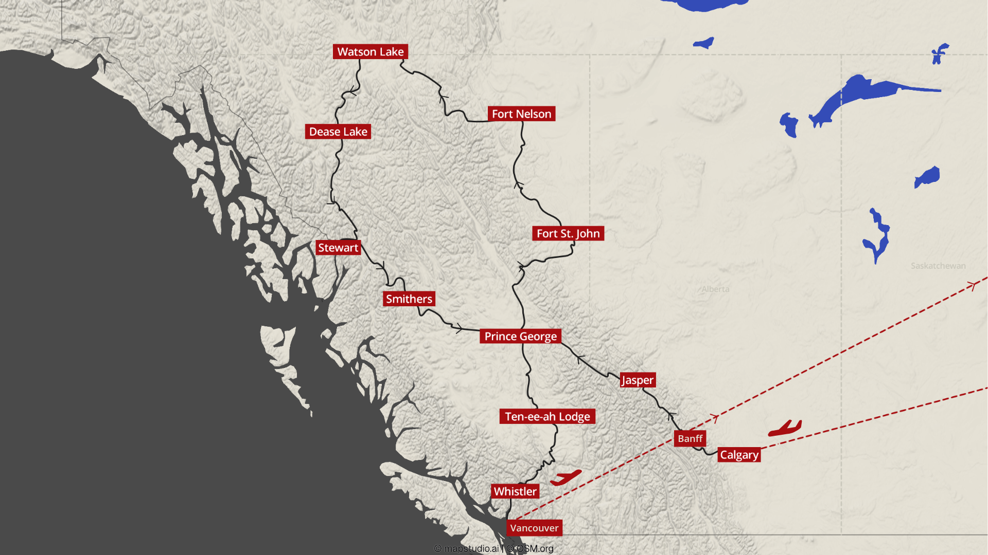 Karte von Westkanada mit Städten