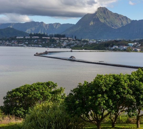 Blick auf einen Pier in Oahu mit Bergen im Hintergrund und grünen Bäumen im Vordergrund. Kanada-Rundreise