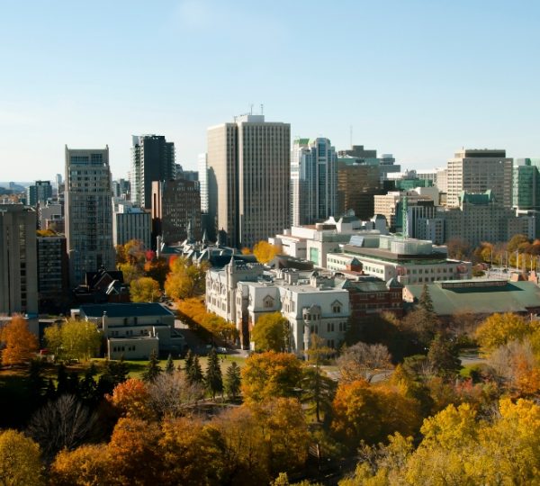 Panoramablick auf die Stadt Ottawa mit herbstlichen Bäumen und modernen Gebäuden. Kanada-Rundreise