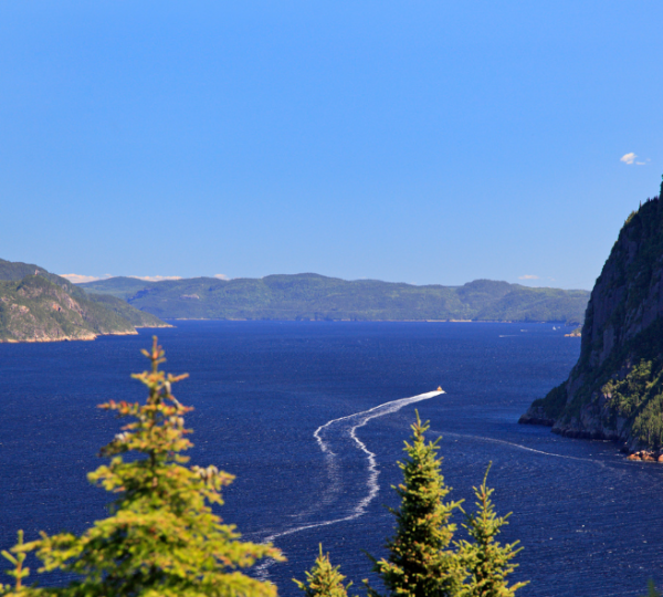 Saguenay Fjord mit einem Boot, das eine Spur im Wasser hinterlässt, umgeben von Bergen und Bäumen. Kanada-Rundreise