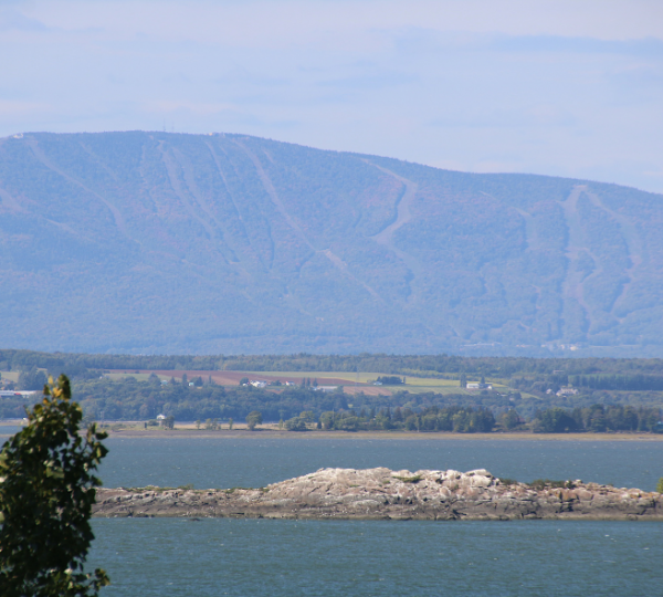 Berglandschaft mit Wasser im Vordergrund und Felsen in der Mitte des Bildes. Kanada-Rundreise