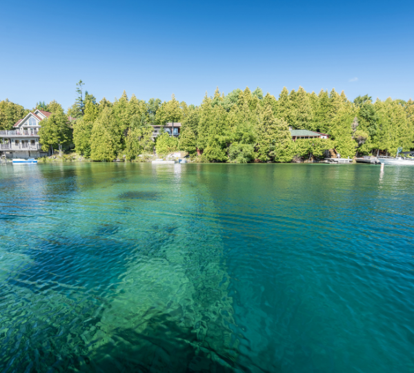 Klares, türkisfarbenes Wasser in Tobermory, umgeben von Bäumen und Wohnhäusern. Kanada-Rundreise