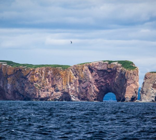 Felsformation mit einem großen Bogen und einer kleinen Felsinsel im Wasser vor der Küste Ostkanadas. Kanada-Rundreise