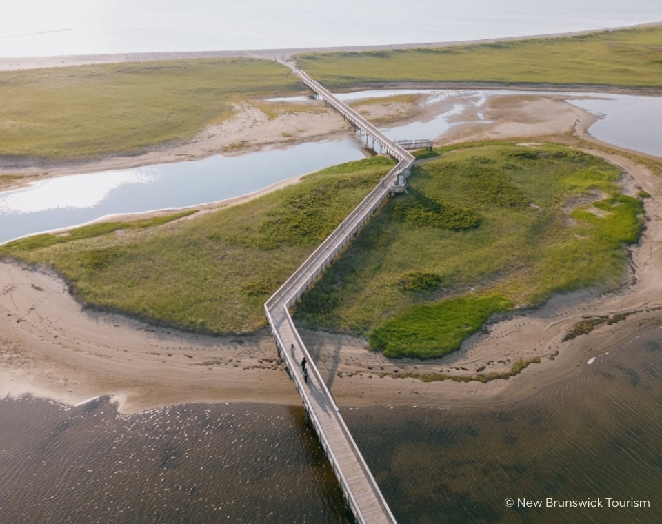 Holzsteg im Kouchibouguac National Park, der über das Wasser und durch die Landschaft führt. New Brunswick
