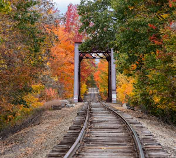 North Conway, New Hampshire – Herbstlandschaft entlang einer Eisenbahn mit bunten Ahorn- und Birkenbäumen, sichtbar durch eine Stahlbrücke im Hintergrund Kanada-Rundreise
