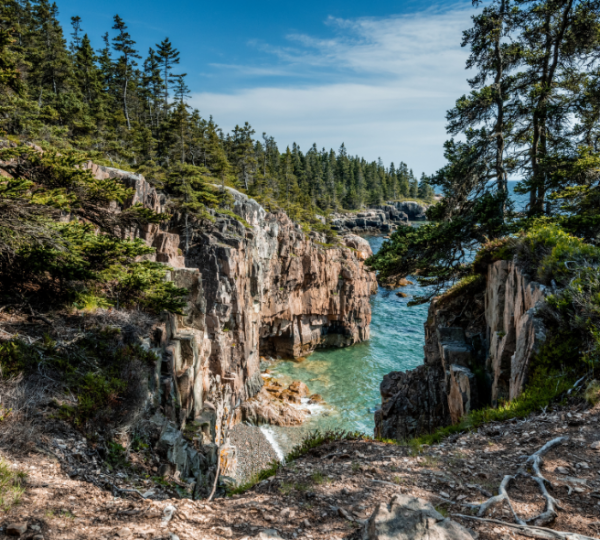 Klippen an der Küste nahe Acadia National Park und Bar Harbor, türkisfarbenes Wasser, grüne Wälder, felsige Ausläufer und eine rauhe Küstenlandschaft im Sonnenlicht Kanada-Rundreise