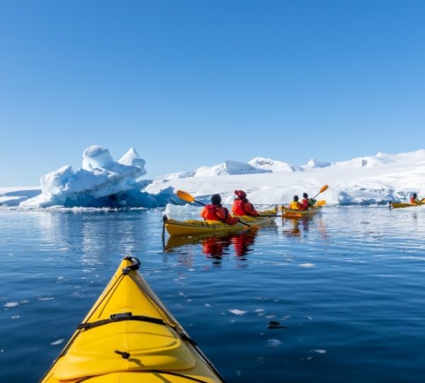 Scenic Eclipse Reise: Gelbe Kajaks paddeln durch ruhiges arktisches Wasser, umgeben von Eisbergen und einer schneebedeckten Küste – Hudson Bay Route Kanada-Rundreise