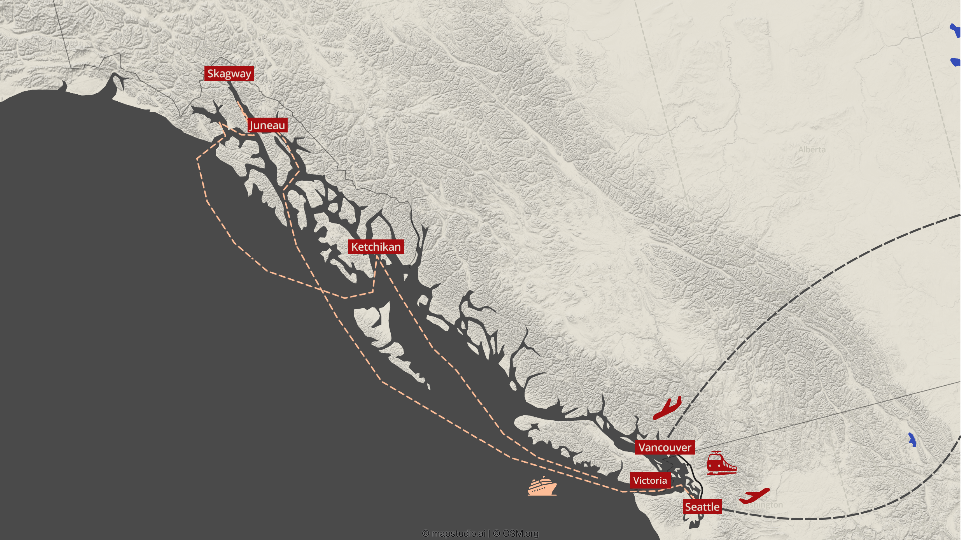 Küstenkarte mit roten Ortsschildern Vancouver, Seattle, Juneau und Ketchikan entlang einer zerklüfteten Küste, beige Grau-Texturen, markierte Routen Kanada-Rundreise