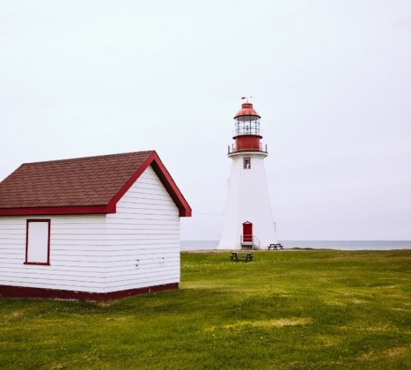 Port-au-Choix Leuchtturm in Weiß mit rotem Oberteil neben einer weißen Holzhütte mit rotem Dach, umgeben von grünem Gras und Küstenlandschaft Kanada-Rundreise