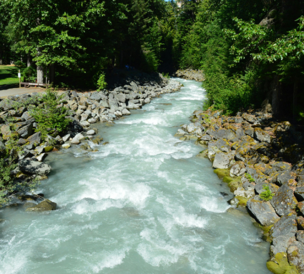 Whistler River fließt durch ein enges, felsiges Ufergebiet; türkis schimmerndes Wasser umgeben von dichtem grünem Wald, Szene in Kanada Kanada-Rundreise