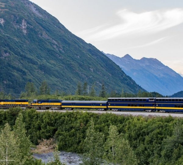 Zug der Alaska Railroad in blau-gelben Waggons fährt durch grüne Wälder, imposante Gebirgskulissen und eine weite Berglandschaft, Denali-Nationalpark-Feeling Kanada-Rundreise