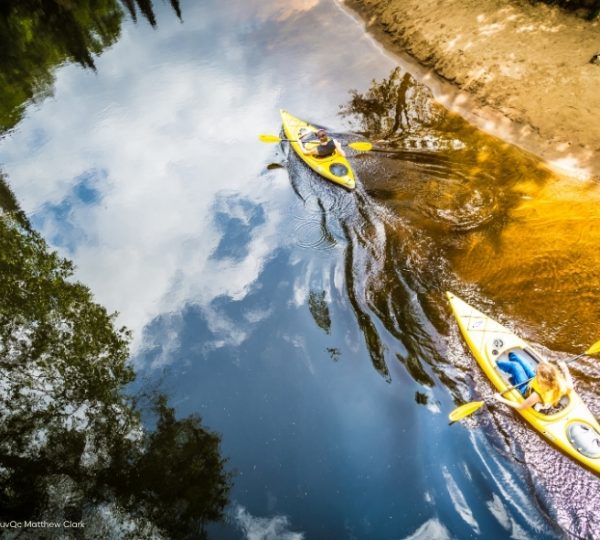 Zwischen bewaldeten Ufern gleiten gelbe Kajaks über blaues Wasser, während sich das Ufer als sandiger Rand abzeichnet. Québecs Wildnis spürbar. Kanada-Rundreise