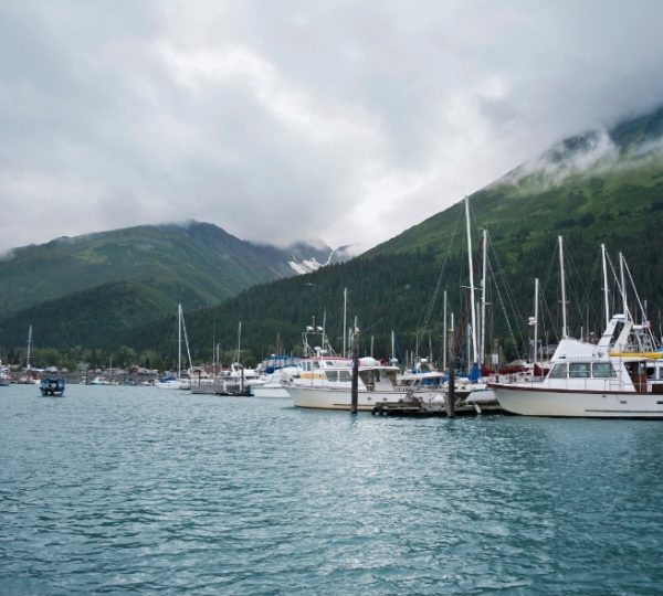 Seward in Alaska: Ein ruhiger Hafen voller Segel- und Motorboote, grüne Berghänge, Wolkenhimmel und kühles Wasser prägen die Szenerie Kanada-Rundreise