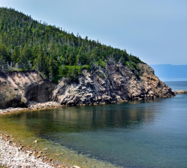 Sydney, Nova Scotia Küstenlandschaft mit felsiger Klippe, grünem Wald an steiler Küstenlinie, ruhiges klares Meer und klar ersichtliche Farbtöne von Blau und Grün Kanada-Rundreise