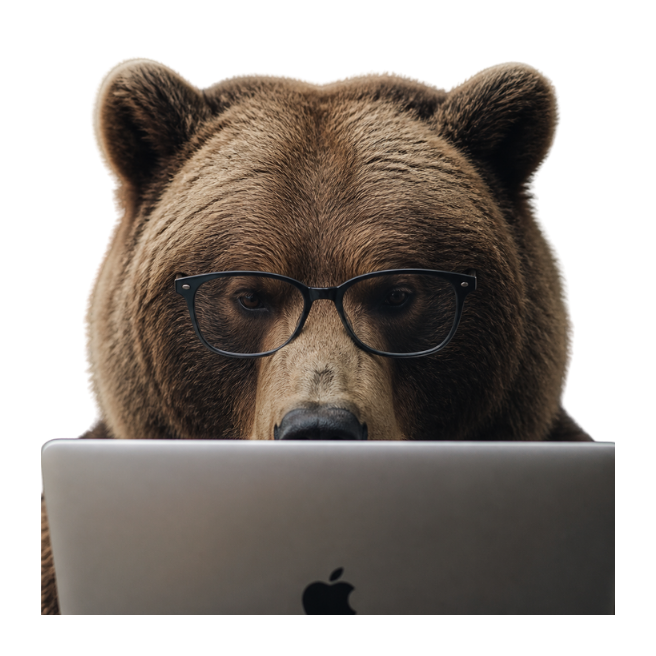 Ein brauner Bär mit schwarzer Brille blickt hinter einem Laptop hervor und begleitet den Kanada-Newsletter mit Gutschein. Kanada-Rundreise