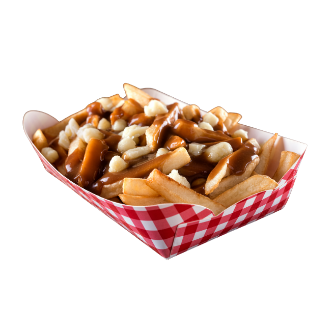 Goldbraune Pommes mit hellem Käsebruch und herzhafter Bratensauce in einer rot-weiß karierten Schale Kanada-Rundreise