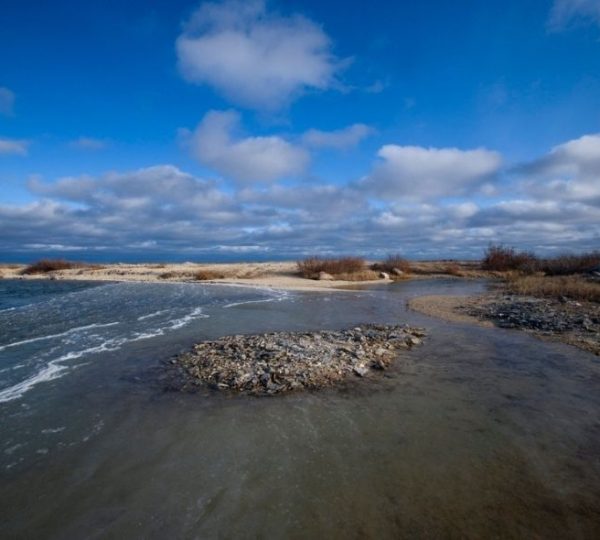 Flaches Küstengewässer mit steinigem Ufer und Tundralandschaft bei Churchill an der Hudson Bay in Kanada Kanada-Rundreise